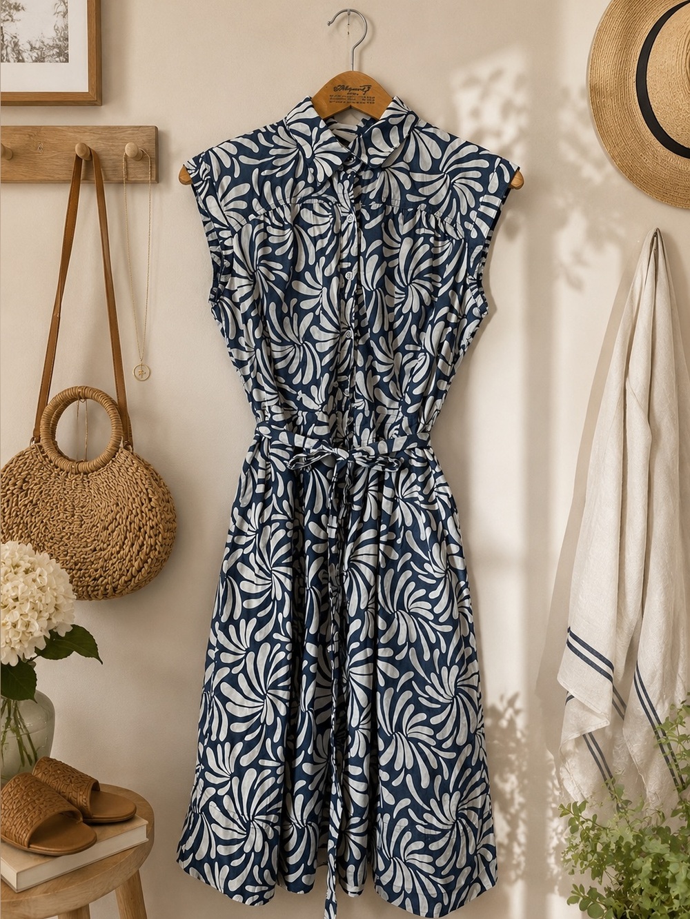 Merona Women's Floral Midi Dress 100% Cotton Size 12 Blue White Casual Summer